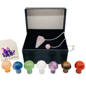 Seven Chakra Mushroom Giftbox + Rose Quartz Pendulum
