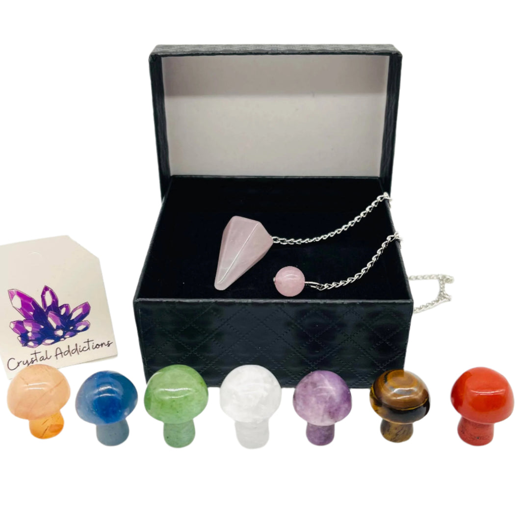Seven Chakra Mushroom Giftbox + Rose Quartz Pendulum