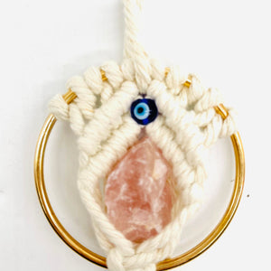 Evil Eye Rose Quartz Macrame Hanger