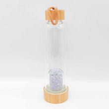 Load image into Gallery viewer, Bamboo + Glass Water Bottle w/Blue Lace Agate Chips
