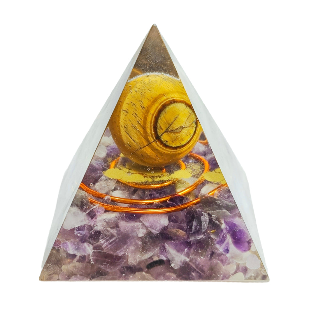 Chevron Amethyst + Tiger's Eye Orgone Resin Pyramid # 27