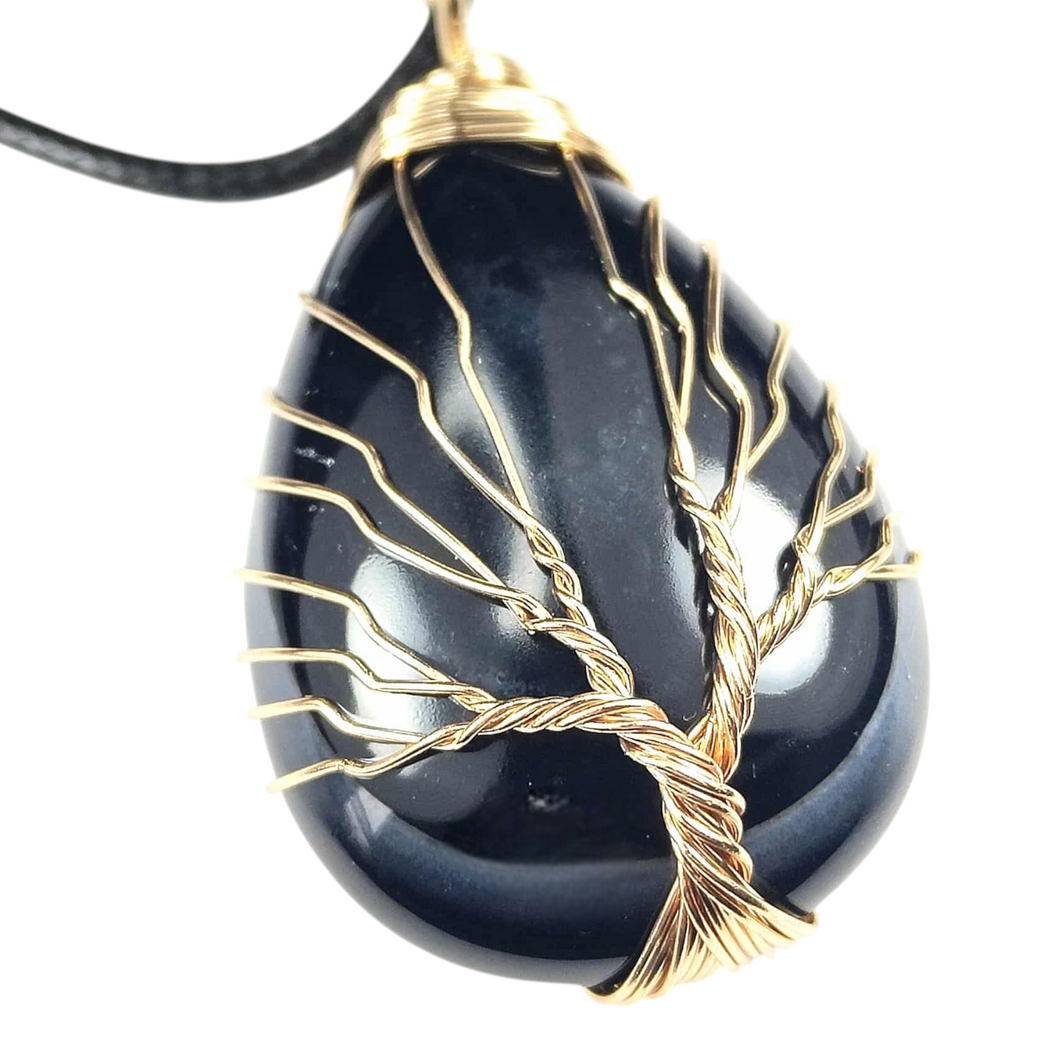 Black Banded Agate Gold Tree of Life Pendant