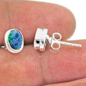 Blue Australian Opal Sterling Silver Stud Earrings # 79