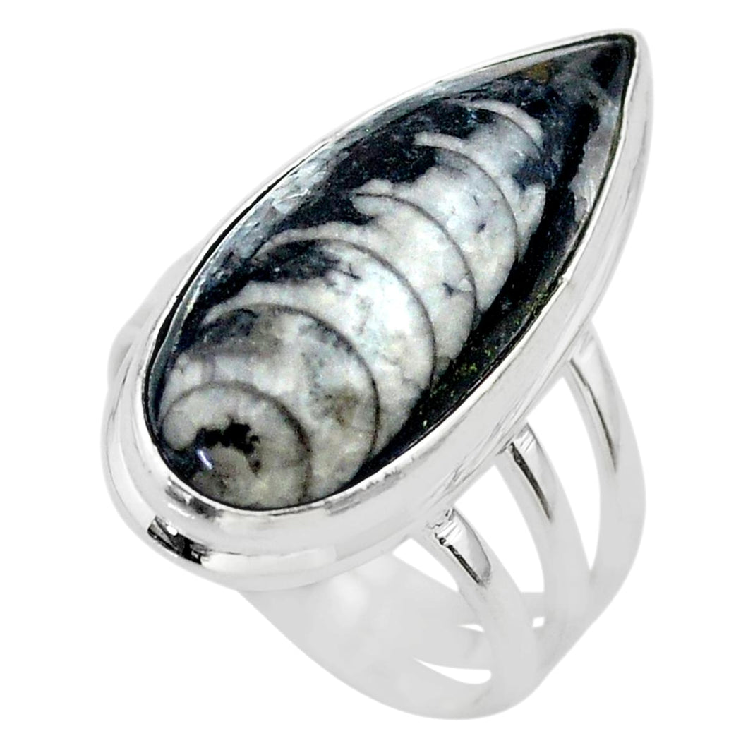 Black Orthoceras Pear Sterling Silver Ring # 64