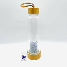 Load image into Gallery viewer, Bamboo + Glass Water Bottle w/Blue Lace Agate Chips
