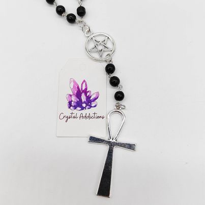 Black Obsidian Pentacle Ankh Necklace