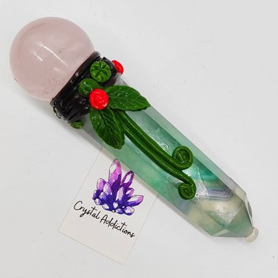 Rainbow Fluorite + Rose Quartz Sphere Wand # 172