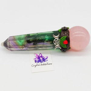 Rainbow Fluorite + Rose Quartz Sphere Wand # 200