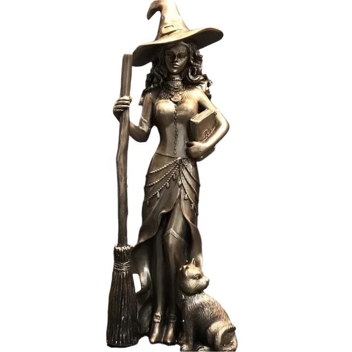 Bronze Witch and Cat Resin Statue