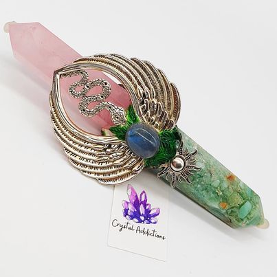 Rose Quartz & Green Fluorite D/T Wand + Labradorite & Abalone Shell # 159