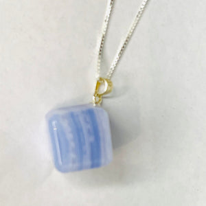 Blue Lace Cube Pendant with Sterling Sliver Box Chain