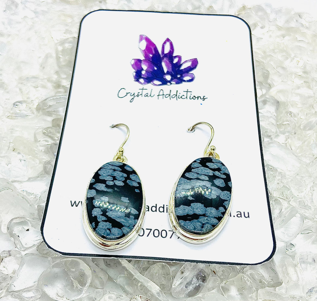 Snowflake Obsidian Sterling Silver Drop Earrings #57