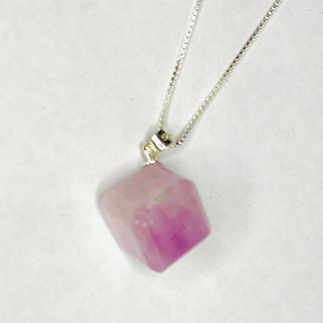 Kunzite Cube Pendant with Sterling Silver Box Chain #114