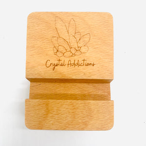 Wooden Etched 'Crystal Addictions' Phone Stand