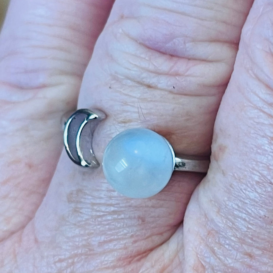 Rainbow Moonstone Moon Adjustable Silver Ring