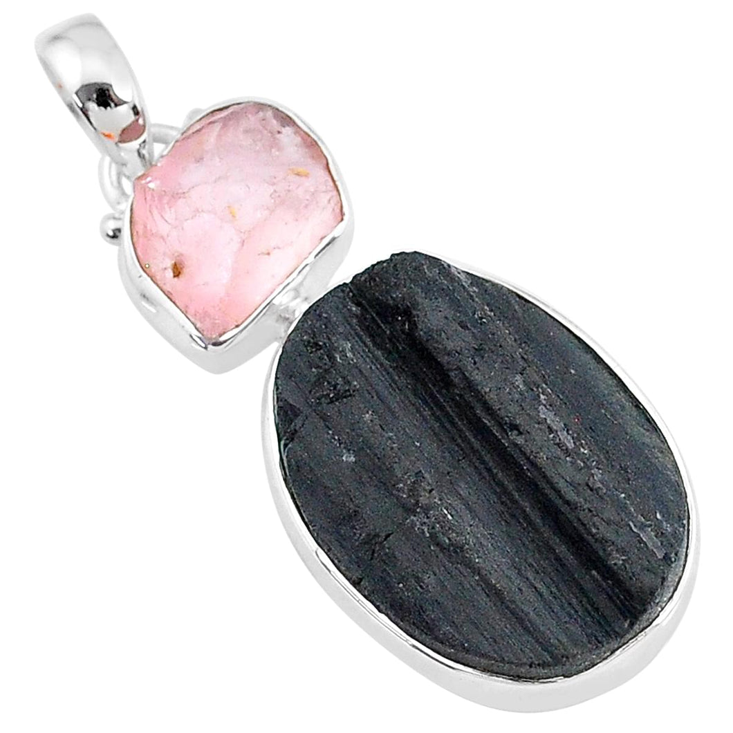 Black Tourmaline + Raw Rose Quartz Pendant # 25