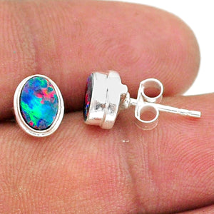 Blue Australian Opal Sterling Silver Stud Earrings # 176