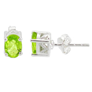 Green Peridot Sterling Silver Oval Stud Earrings # 72