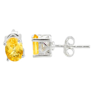 Natural Yellow Citrine Sterling Silver Oval Stud Earrings # 36